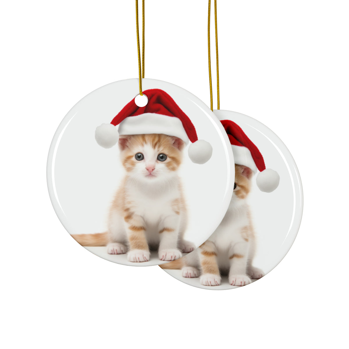 Hanging Ceramic Christmas Tree Ornament with Gold String - Japanese Bobtail Kitten Design, view 2