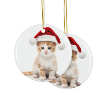 DistinctInk Hanging Ceramic Christmas Tree Ornament with Gold String - Great Gift/Present - 2 3/4 inch Diameter - Japanese Bobtail Kitten Design