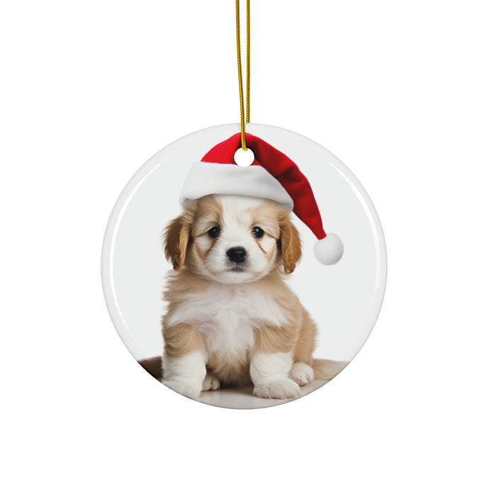 DistinctInk Hanging Ceramic Christmas Tree Ornament with Gold String - Great Gift/Present - 2 3/4 inch Diameter - Cirnechi dell’Etna Puppy Design