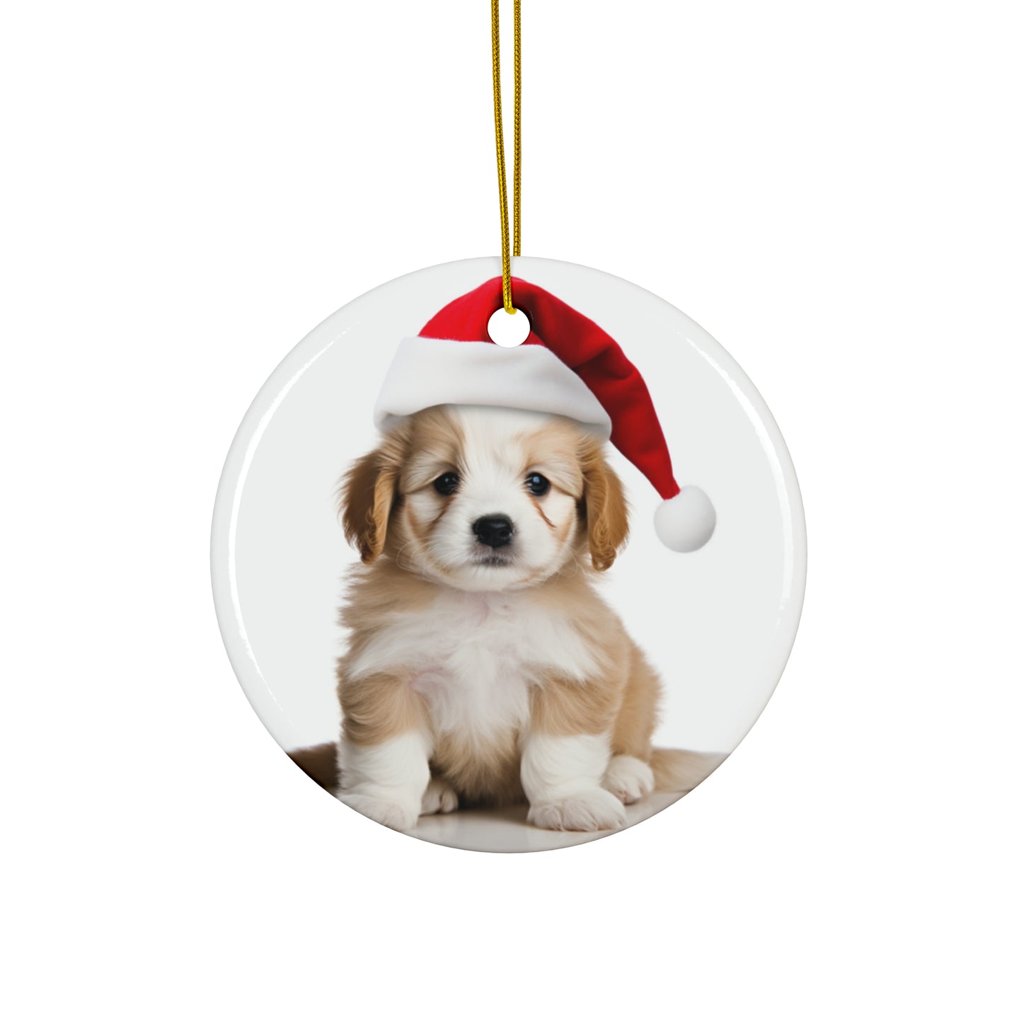 DistinctInk Hanging Ceramic Christmas Tree Ornament with Gold String - Great Gift/Present - 2 3/4 inch Diameter - Cirnechi dell’Etna Puppy Design