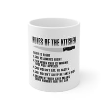 DistinctInk Glossy White Coffee / Tea Mug - Rules of the Kitchen - Chef Is Right