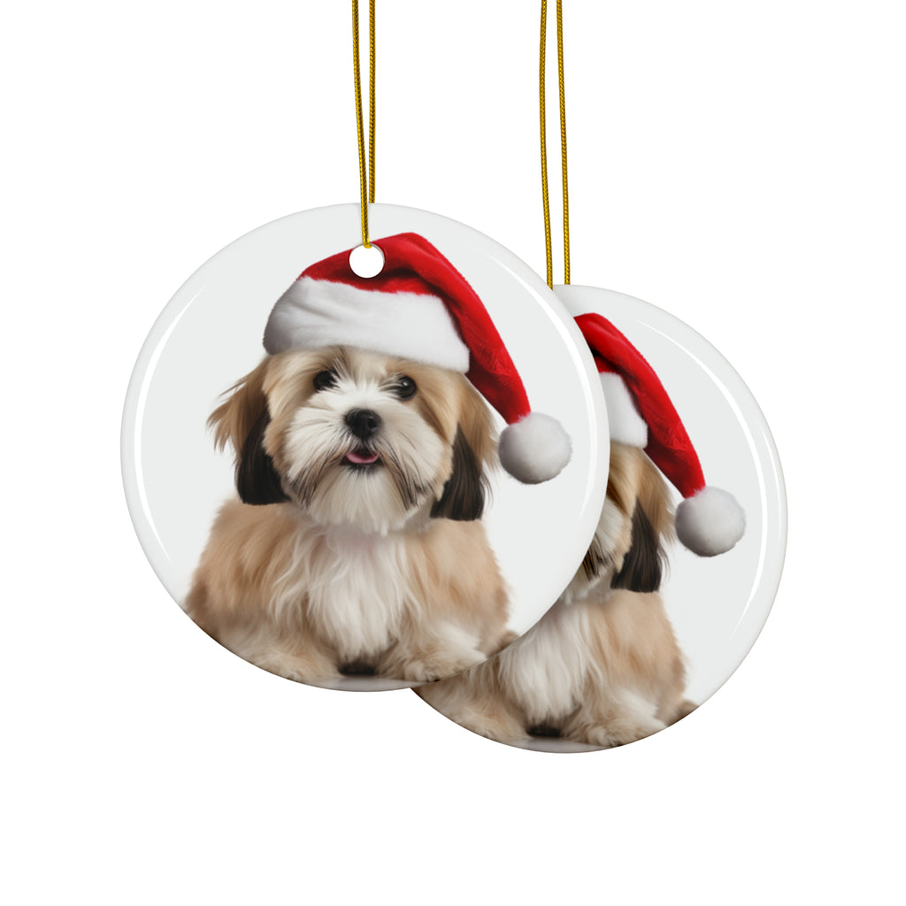 Hanging Ceramic Christmas Tree Ornament with Gold String - Lhasa Apso Design, view 2