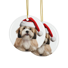 DistinctInk Hanging Ceramic Christmas Tree Ornament with Gold String - Great Gift/Present - 2 3/4 inch Diameter - Lhasa Apso Design