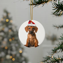 DistinctInk Hanging Ceramic Christmas Tree Ornament with Gold String - Great Gift/Present - 2 3/4 inch Diameter - Rhodesian Ridgeback Puppy Design