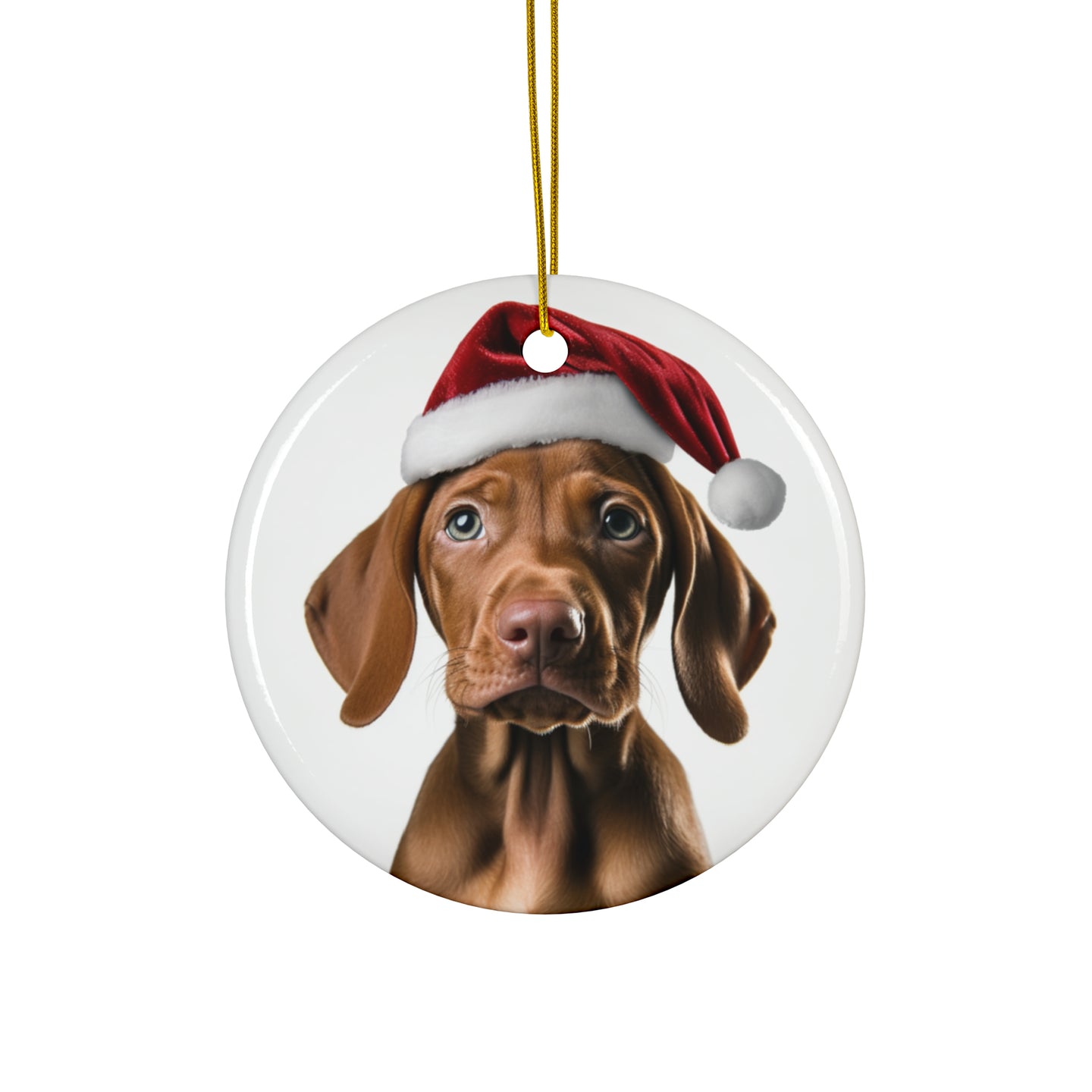 DistinctInk Hanging Ceramic Christmas Tree Ornament with Gold String - Great Gift/Present - 2 3/4 inch Diameter - Vizsla Puppy Design