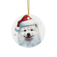 DistinctInk Hanging Ceramic Christmas Tree Ornament with Gold String - Great Gift/Present - 2 3/4 inch Diameter - Samoyed Puppy Drawing Design