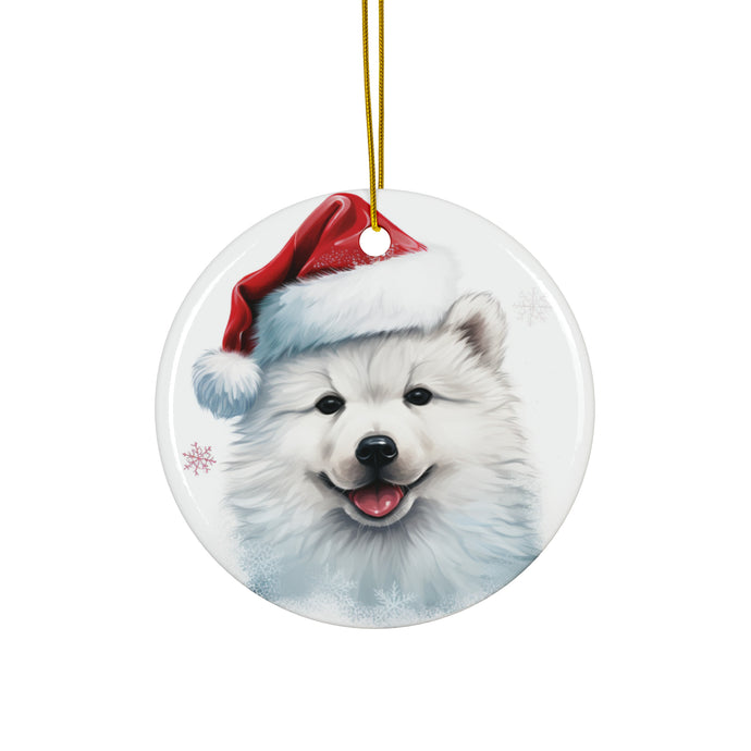 DistinctInk Hanging Ceramic Christmas Tree Ornament with Gold String - Great Gift/Present - 2 3/4 inch Diameter - Samoyed Puppy Drawing Design