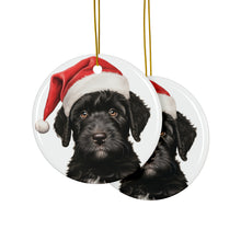DistinctInk Hanging Ceramic Christmas Tree Ornament with Gold String - Great Gift/Present - 2 3/4 inch Diameter - Portuguese Water Dog Puppy Drawing Design