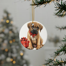 DistinctInk Hanging Ceramic Christmas Tree Ornament with Gold String - Great Gift/Present - 2 3/4 inch Diameter - Boerboel Puppy Drawing Design
