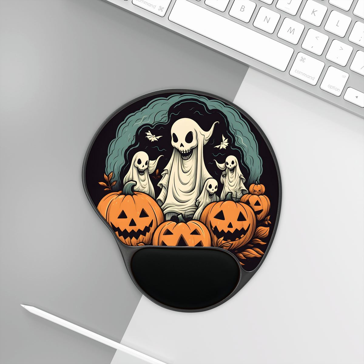 Mouse Pad with Wrist Rest with Spooky Skeleton Pumpkins Design for Halloween, view 3
