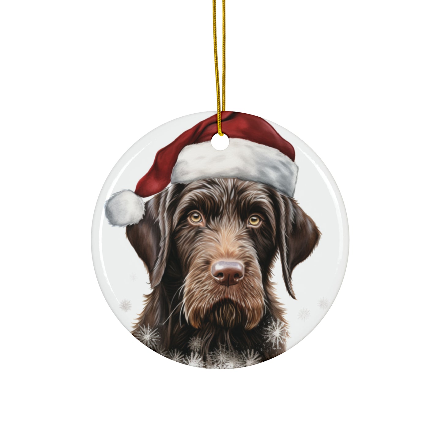 DistinctInk Hanging Ceramic Christmas Tree Ornament with Gold String - Great Gift/Present - 2 3/4 inch Diameter - German Wirehaired Pointer Puppy Drawing Design