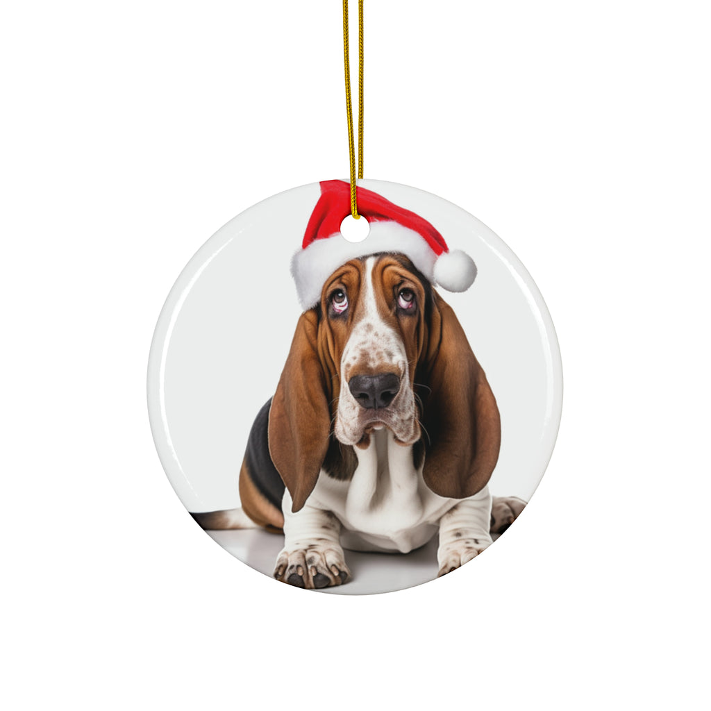 Hanging Ceramic Christmas Tree Ornament with Gold String - Basset Hound Design
