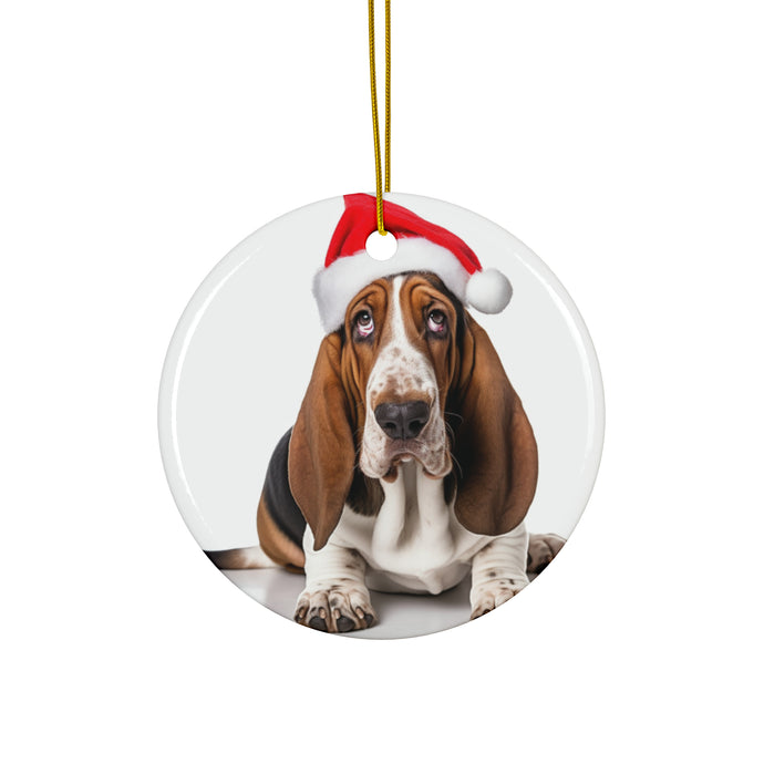 DistinctInk Hanging Ceramic Christmas Tree Ornament with Gold String - Great Gift/Present - 2 3/4 inch Diameter - Basset Hound Design