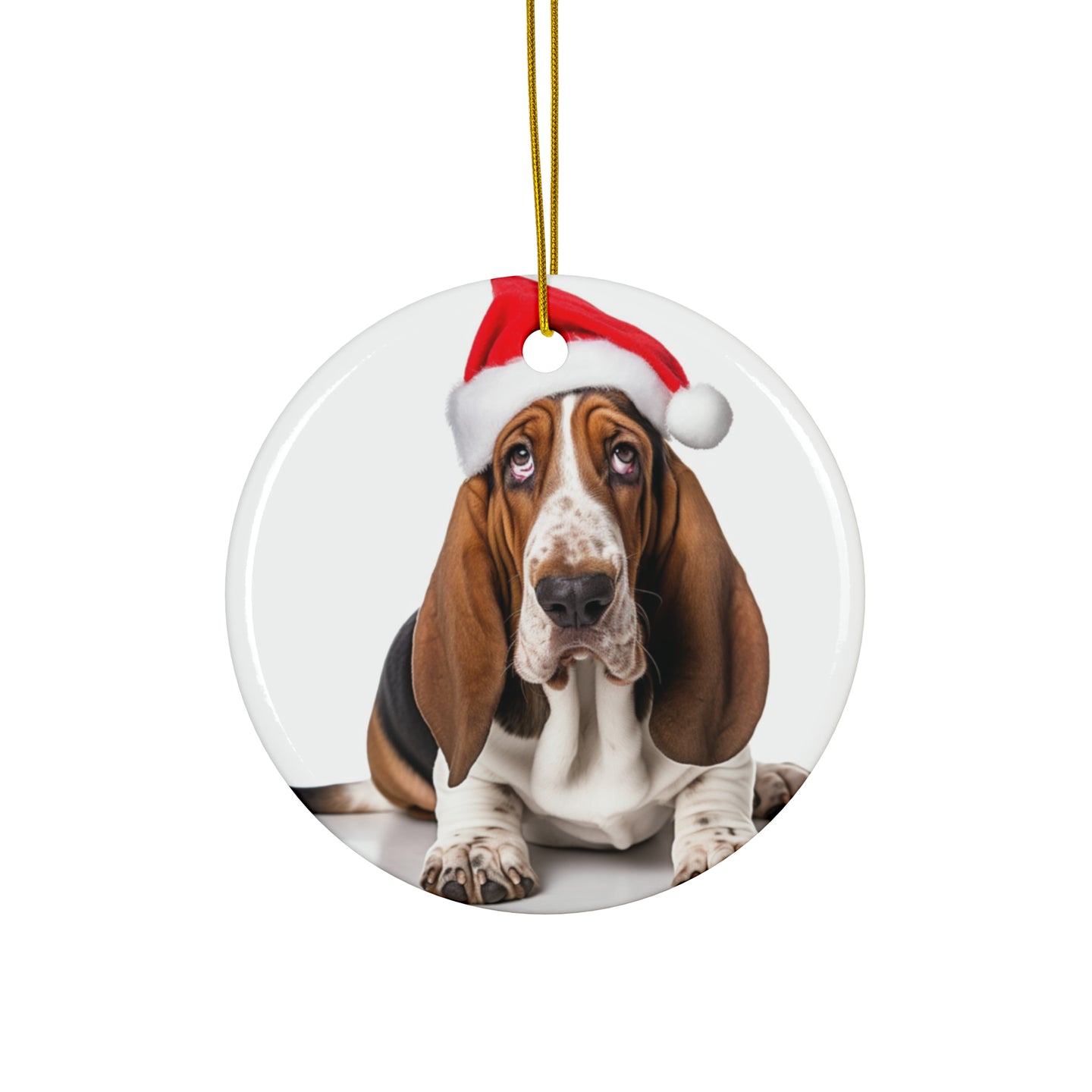 DistinctInk Hanging Ceramic Christmas Tree Ornament with Gold String - Great Gift/Present - 2 3/4 inch Diameter - Basset Hound Design