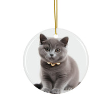 DistinctInk Hanging Ceramic Christmas Tree Ornament with Gold String - Great Gift/Present - 2 3/4 inch Diameter - Chartreux Kitten Design