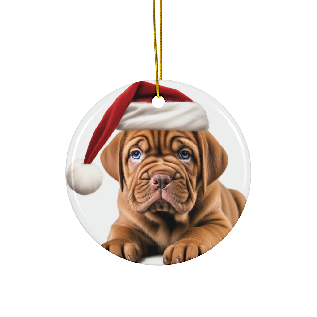 Hanging Ceramic Christmas Tree Ornament with Gold String - Dogue de Bordeaux Puppy Drawing Design