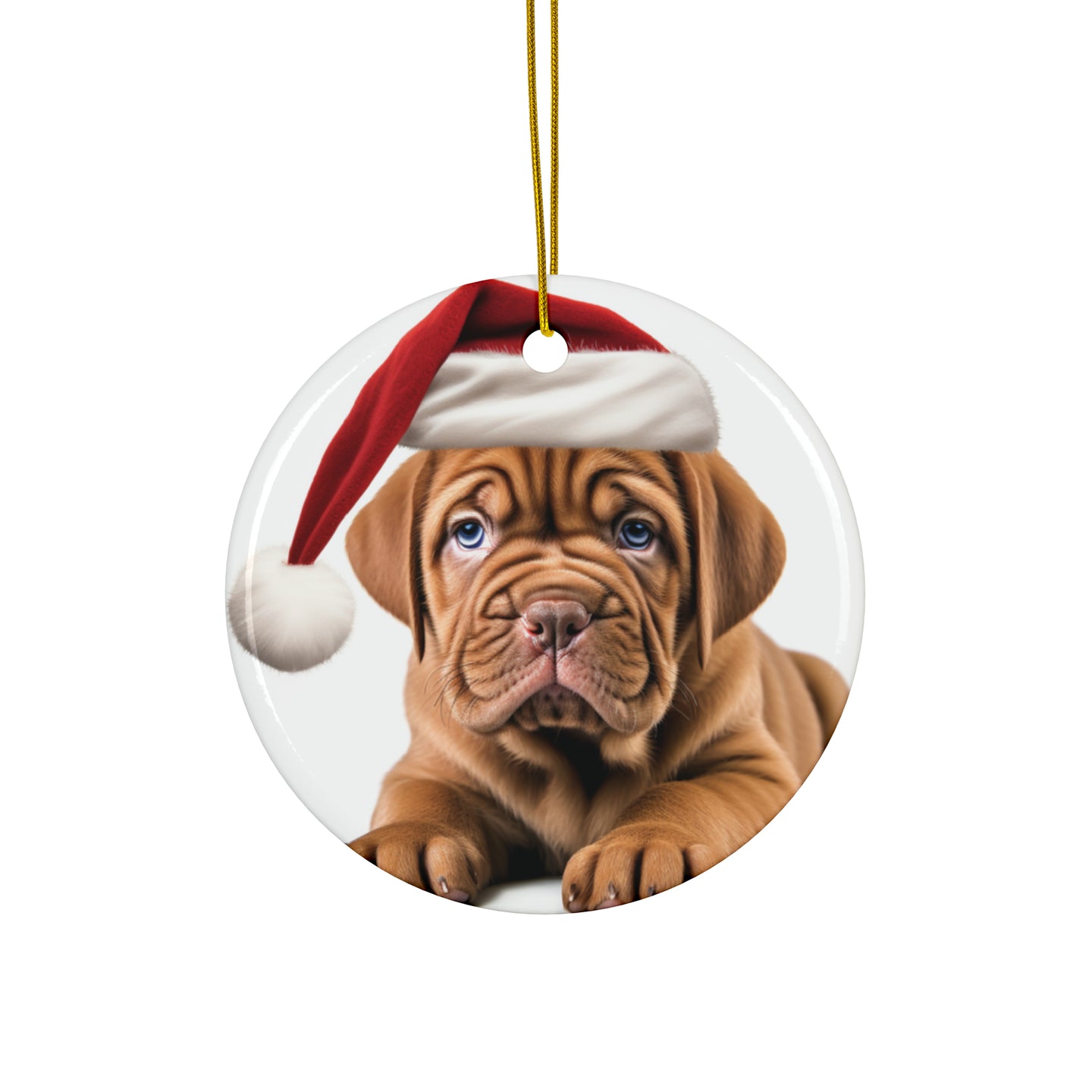 DistinctInk Hanging Ceramic Christmas Tree Ornament with Gold String - Great Gift/Present - 2 3/4 inch Diameter - Dogue de Bordeaux Puppy Drawing Design