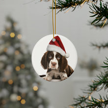 DistinctInk Hanging Ceramic Christmas Tree Ornament with Gold String - Great Gift/Present - 2 3/4 inch Diameter - English Springer Spaniel Puppy Design