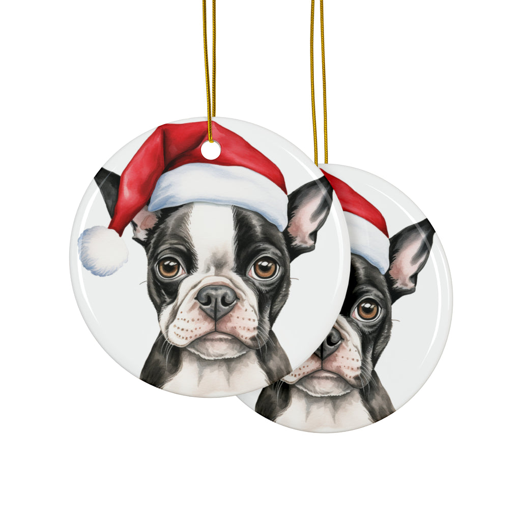 Hanging Ceramic Christmas Tree Ornament with Gold String - Boston Terrier Puppy Drawing Design, view 2