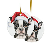 DistinctInk Hanging Ceramic Christmas Tree Ornament with Gold String - Great Gift/Present - 2 3/4 inch Diameter - Boston Terrier Puppy Drawing Design