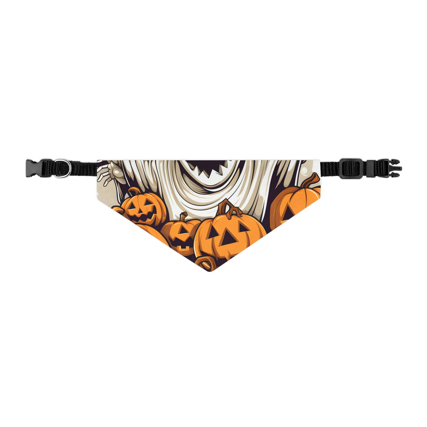 DistinctInk Adjustable Pet Banana Collar with Ghostly Skeleton and Pumpkins Design for Halloween