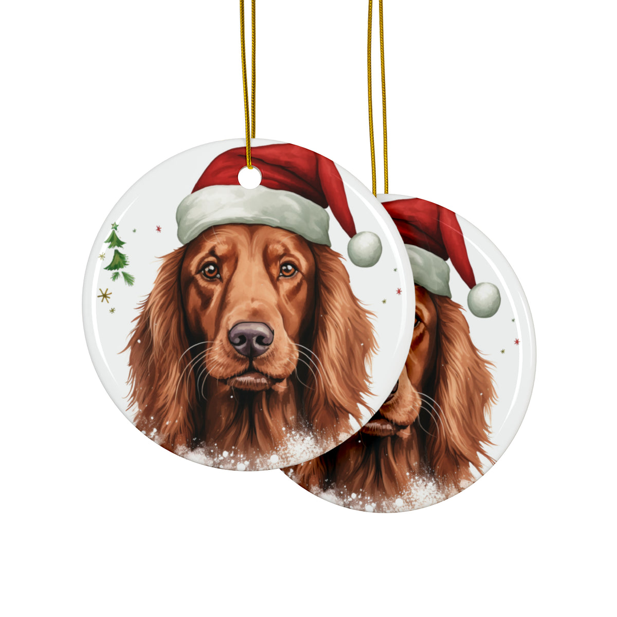Hanging Ceramic Christmas Tree Ornament with Gold String - Irish Setter Design, view 2