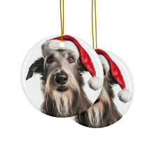 DistinctInk Hanging Ceramic Christmas Tree Ornament with Gold String - Great Gift/Present - 2 3/4 inch Diameter - Scottish Deerhound Design