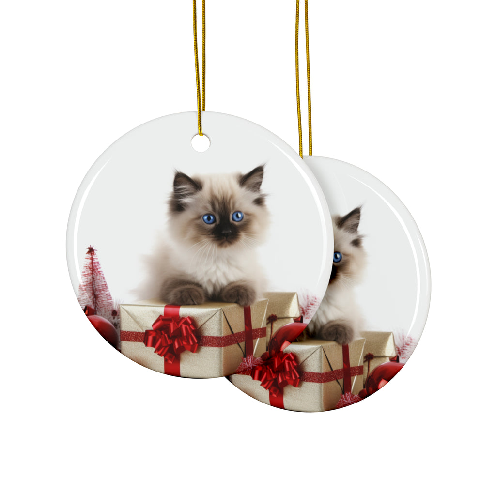 Hanging Ceramic Christmas Tree Ornament with Gold String - Birman Kitten Design, view 2