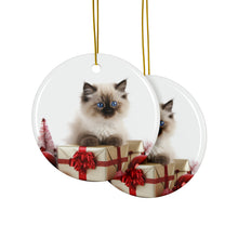 DistinctInk Hanging Ceramic Christmas Tree Ornament with Gold String - Great Gift/Present - 2 3/4 inch Diameter - Birman Kitten Design