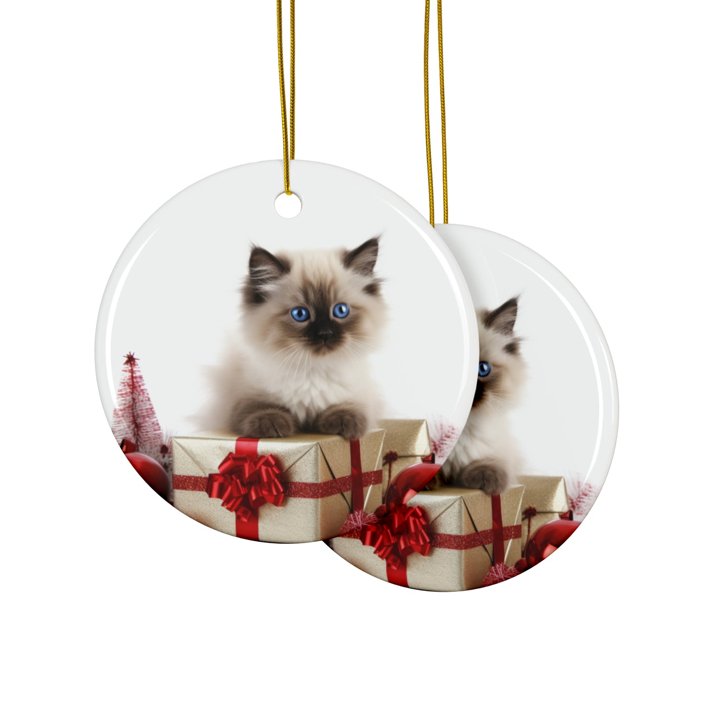 DistinctInk Hanging Ceramic Christmas Tree Ornament with Gold String - Great Gift/Present - 2 3/4 inch Diameter - Birman Kitten Design
