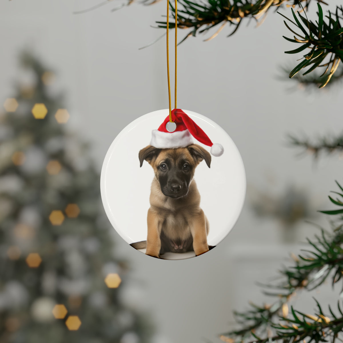 Hanging Ceramic Christmas Tree Ornament with Gold String - Belgian Malinoi Puppy Design, view 3