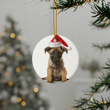 DistinctInk Hanging Ceramic Christmas Tree Ornament with Gold String - Great Gift/Present - 2 3/4 inch Diameter - Belgian Malinoi Puppy Design