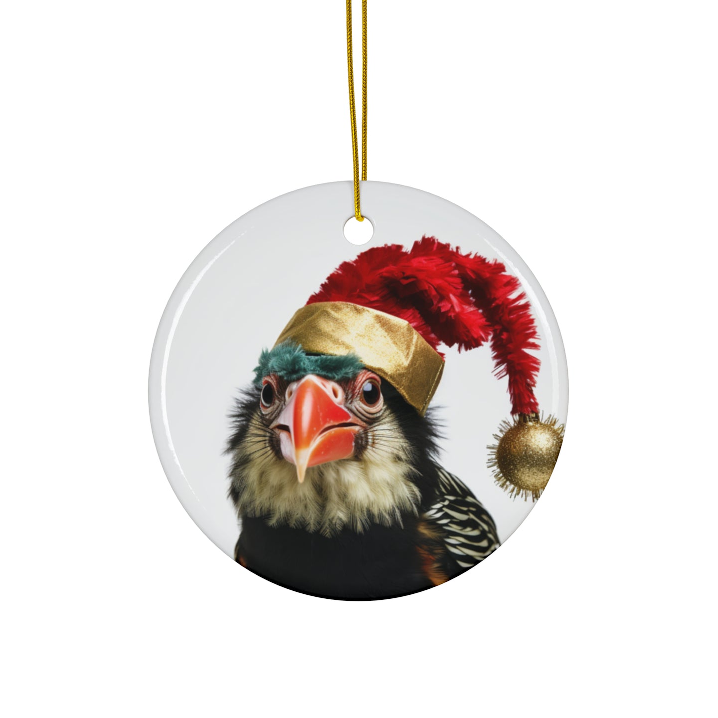 DistinctInk Hanging Ceramic Christmas Tree Ornament with Gold String - Great Gift/Present - 2 3/4 inch Diameter - Barbet Design