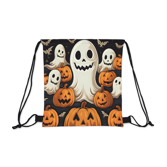 DistinctInk Drawstring Bag / Backpack with Haunted Skeleton Jack-O-Lantern Design for Halloween