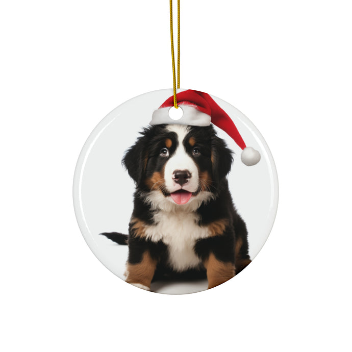 DistinctInk Hanging Ceramic Christmas Tree Ornament with Gold String - Great Gift/Present - 2 3/4 inch Diameter - Bernese Mountain Dog Puppy Design