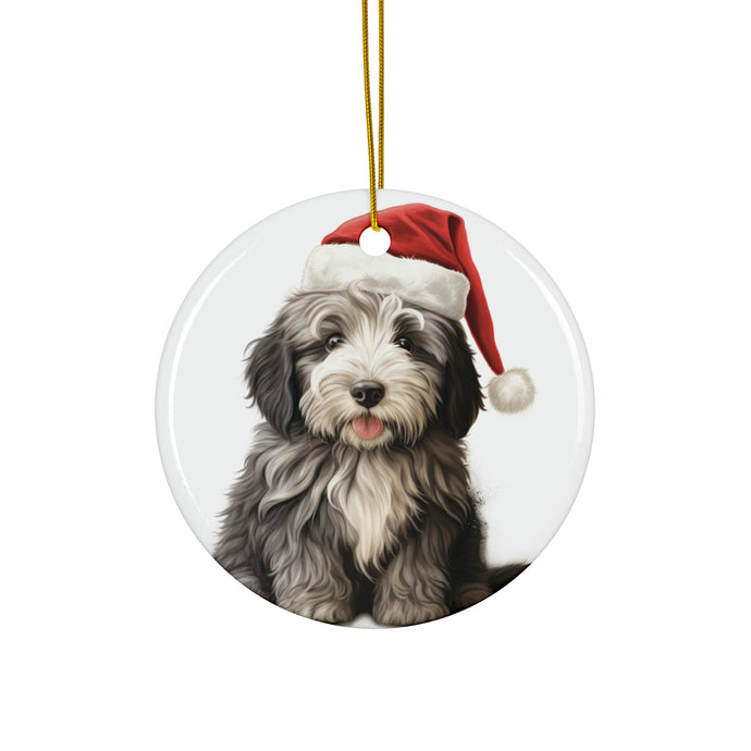 DistinctInk Hanging Ceramic Christmas Tree Ornament with Gold String - Great Gift/Present - 2 3/4 inch Diameter - Bergamasco Sheepdog Puppy Drawing Design