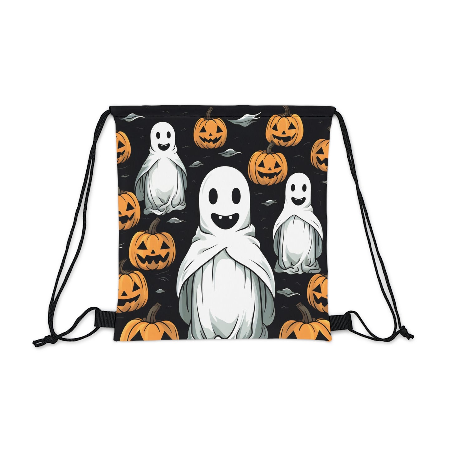 DistinctInk Drawstring Bag / Backpack with Skelepumpkin Ghostpattern Design for Halloween