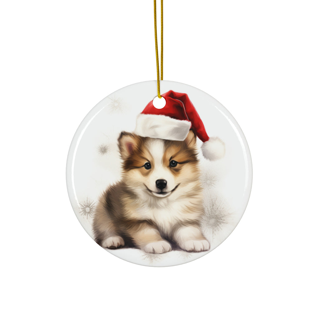 Hanging Ceramic Christmas Tree Ornament with Gold String - Icelandic Sheepdog Puppy Drawing Design