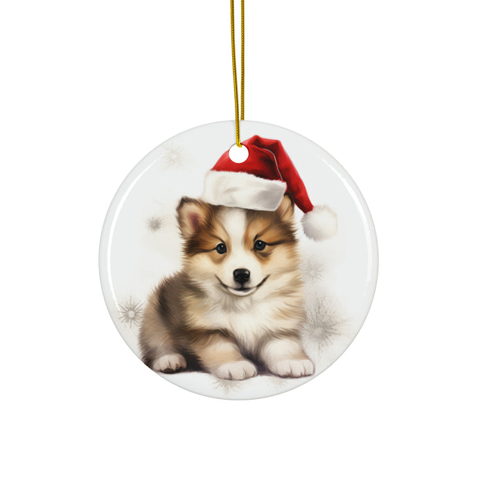 DistinctInk Hanging Ceramic Christmas Tree Ornament with Gold String - Great Gift/Present - 2 3/4 inch Diameter - Icelandic Sheepdog Puppy Drawing Design