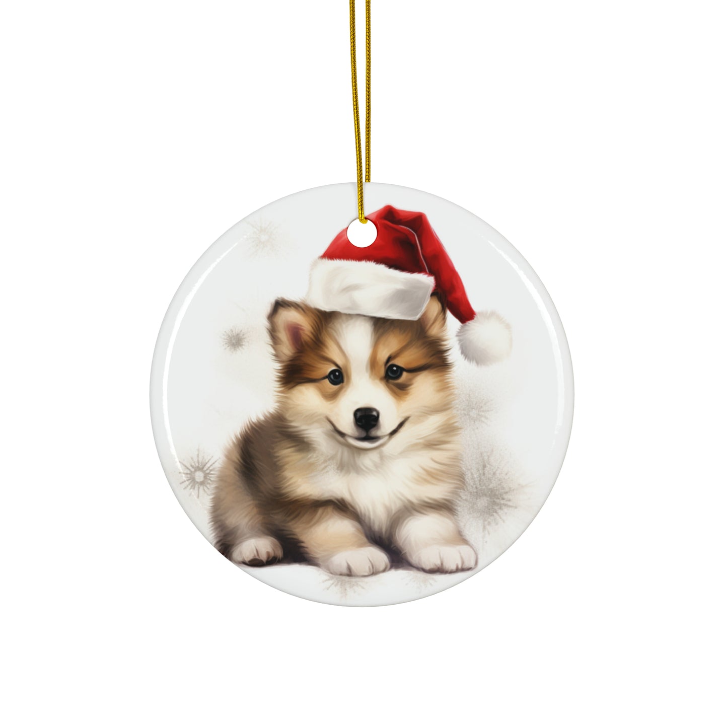 DistinctInk Hanging Ceramic Christmas Tree Ornament with Gold String - Great Gift/Present - 2 3/4 inch Diameter - Icelandic Sheepdog Puppy Drawing Design