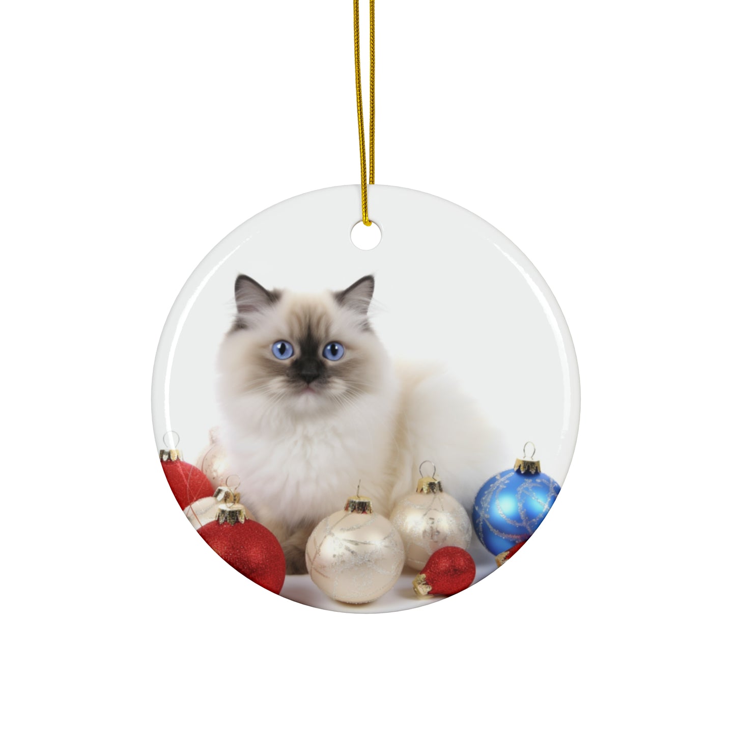 DistinctInk Hanging Ceramic Christmas Tree Ornament with Gold String - Great Gift/Present - 2 3/4 inch Diameter - Birman Cat Design