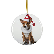 DistinctInk Hanging Ceramic Christmas Tree Ornament with Gold String - Great Gift/Present - 2 3/4 inch Diameter - Basenji Design