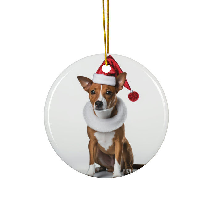 DistinctInk Hanging Ceramic Christmas Tree Ornament with Gold String - Great Gift/Present - 2 3/4 inch Diameter - Basenji Design