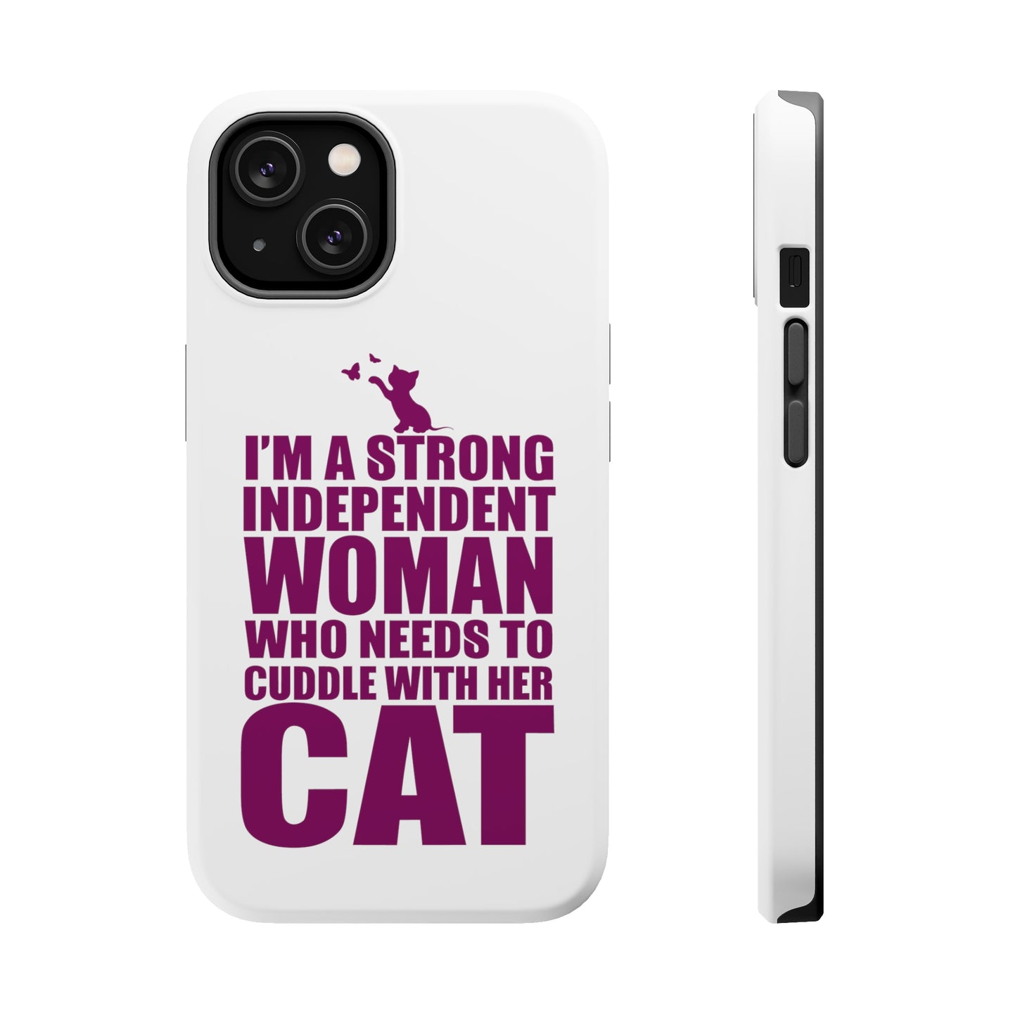 DistinctInk ToughCase for Apple iPhone, Compatible with MagSafe Charging - Strong Woman Needs to Cuddle Cat