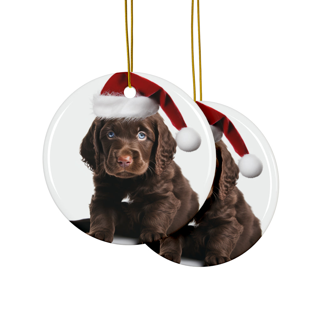 Hanging Ceramic Christmas Tree Ornament with Gold String - American Water Spaniel Puppy Design, view 2