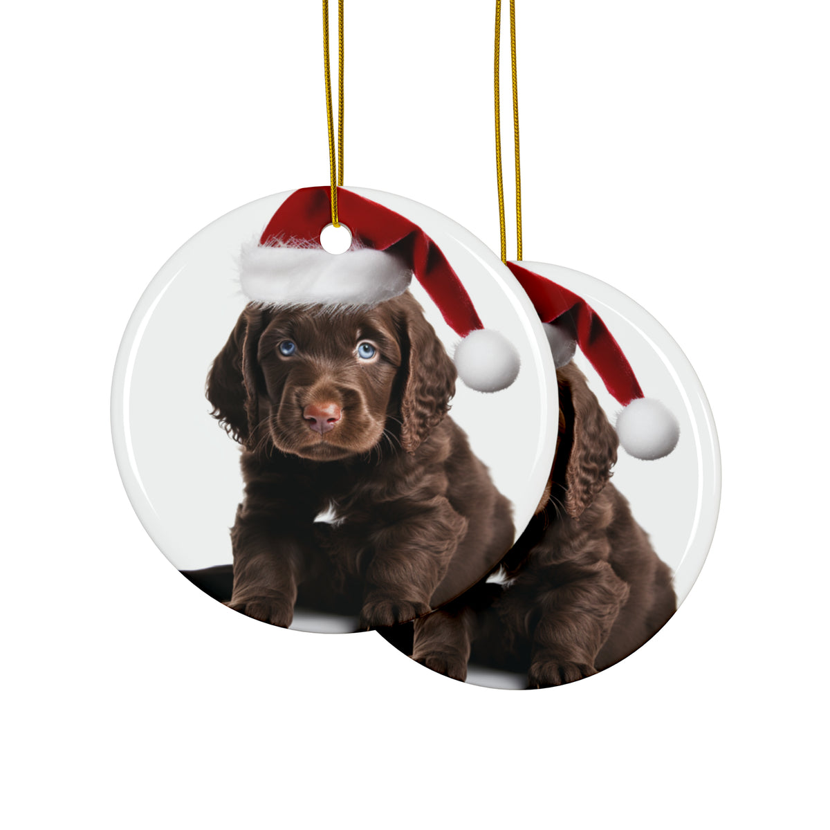 Hanging Ceramic Christmas Tree Ornament with Gold String - American Water Spaniel Puppy Design, view 2