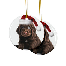 DistinctInk Hanging Ceramic Christmas Tree Ornament with Gold String - Great Gift/Present - 2 3/4 inch Diameter - American Water Spaniel Puppy Design