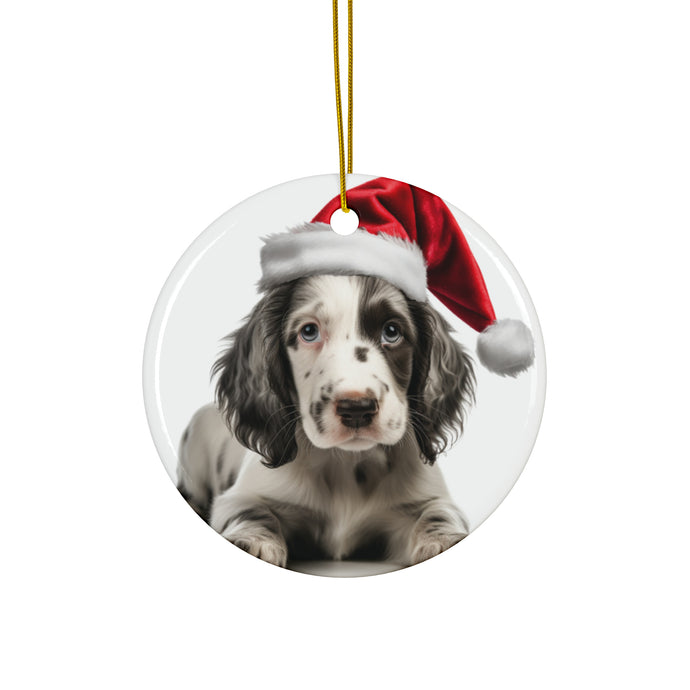 DistinctInk Hanging Ceramic Christmas Tree Ornament with Gold String - Great Gift/Present - 2 3/4 inch Diameter - English Setter Puppy Design