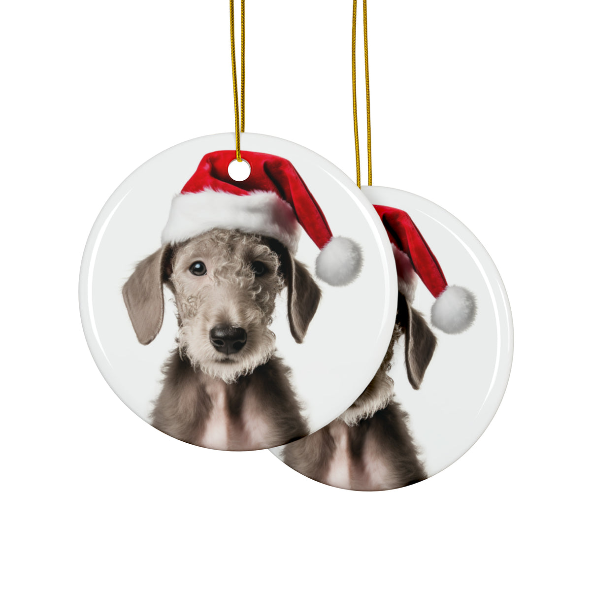 Hanging Ceramic Christmas Tree Ornament with Gold String - Bedlington Terrier Puppy Design, view 2