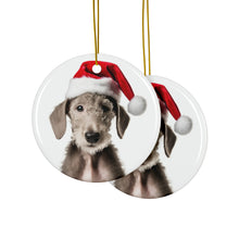 DistinctInk Hanging Ceramic Christmas Tree Ornament with Gold String - Great Gift/Present - 2 3/4 inch Diameter - Bedlington Terrier Puppy Design
